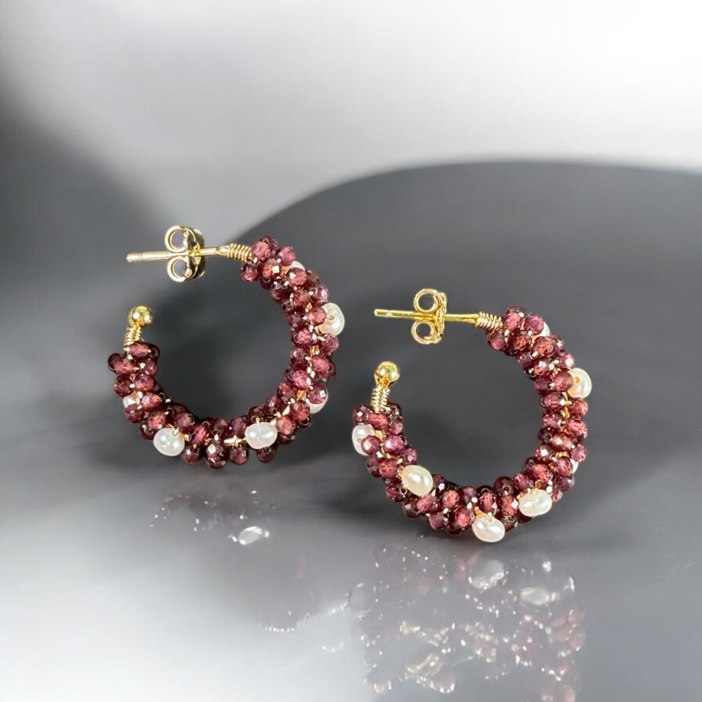 Garnet and Pearl Hoop Earrings