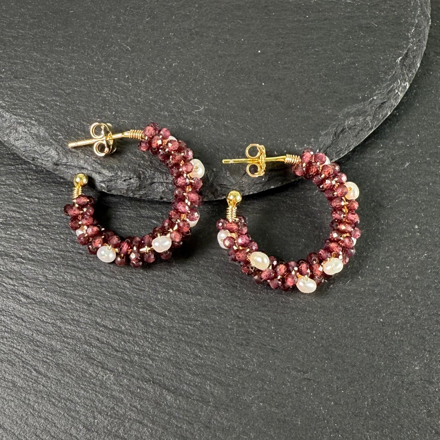 Garnet and Pearl Hoop Earrings