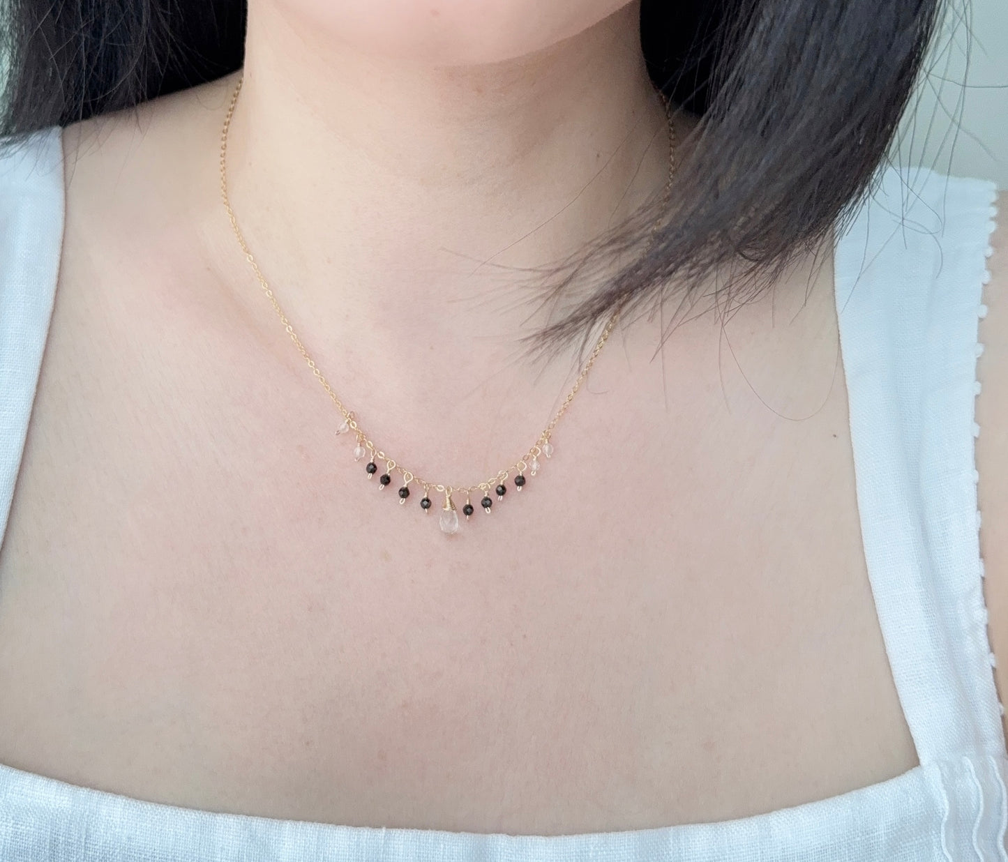 Tiny Black Spinel and White Topaz Dangle Necklace