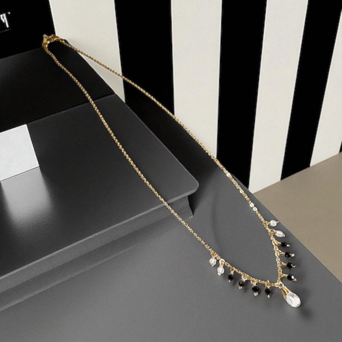 Tiny Black Spinel and White Topaz Dangle Necklace