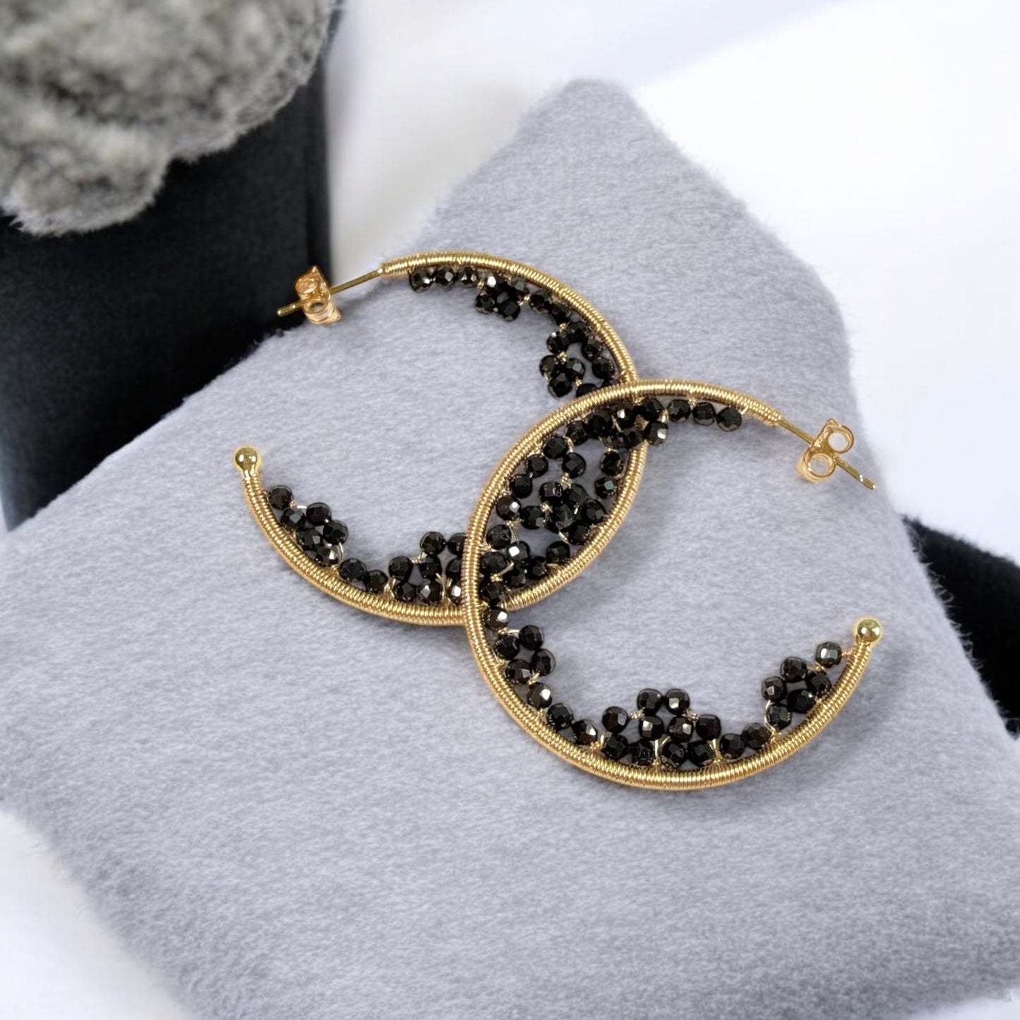 Black Onyx Lace Cave Hoop Earrings