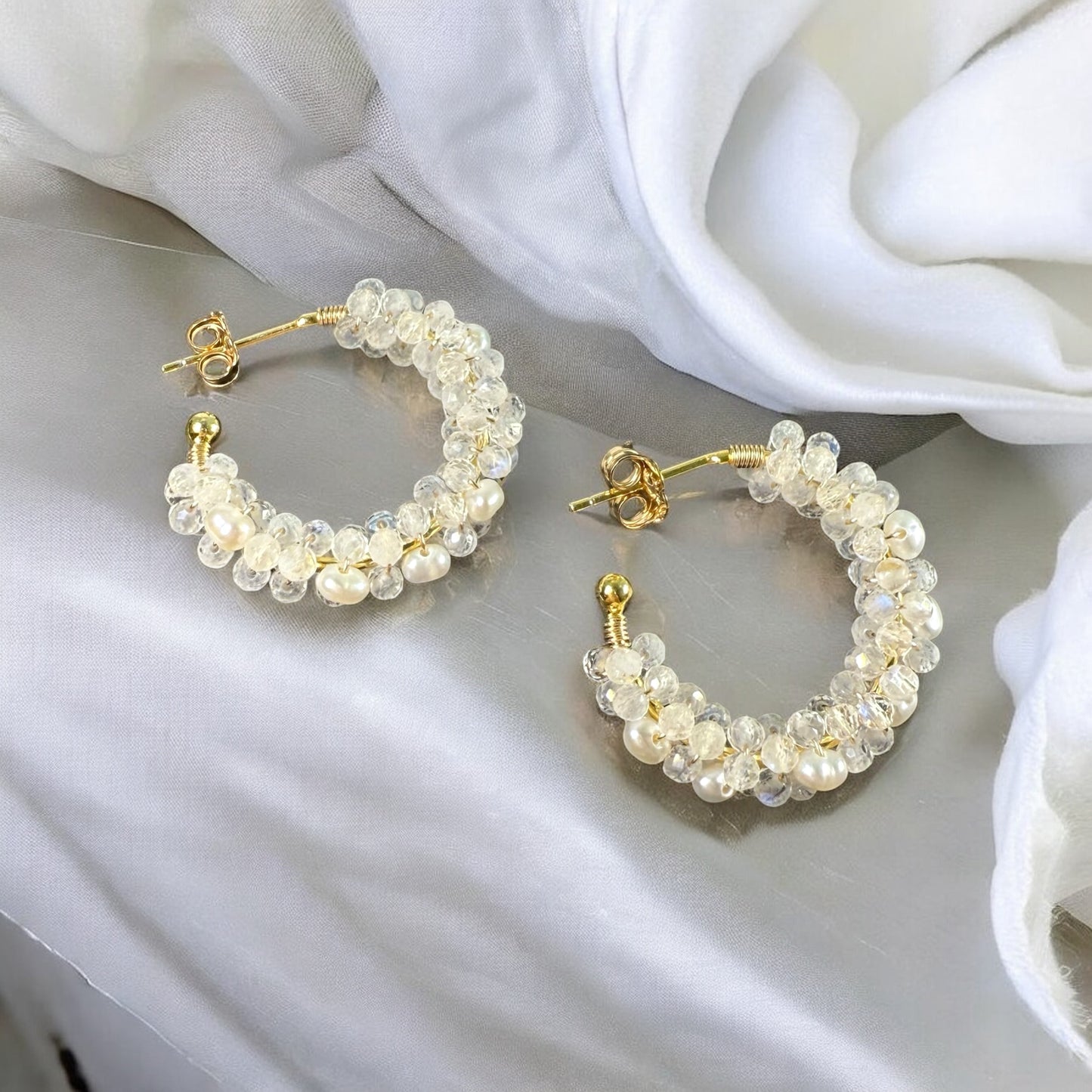 Moonstone and Pearl Hoop Earrings