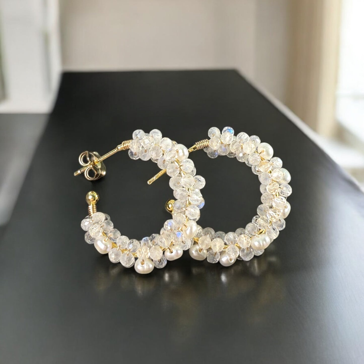 Moonstone and Pearl Hoop Earrings