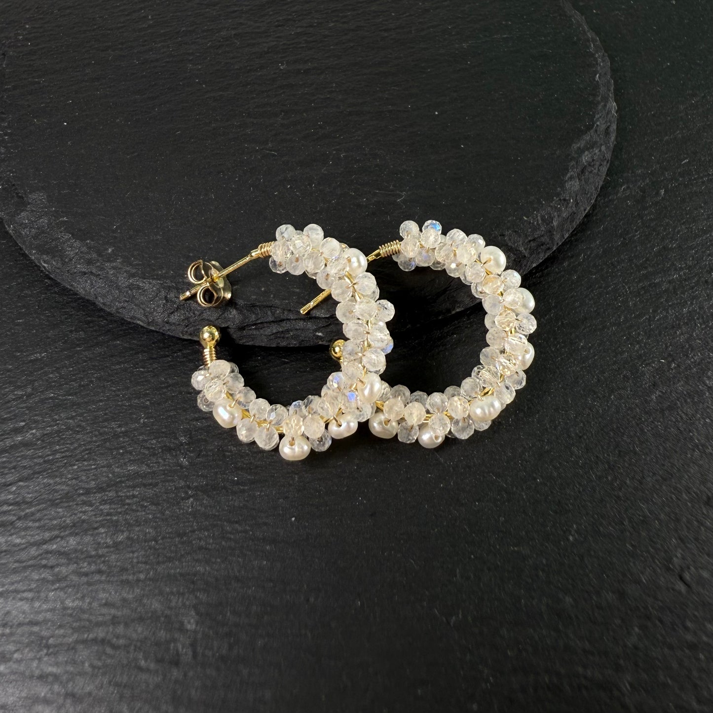 Moonstone and Pearl Hoop Earrings