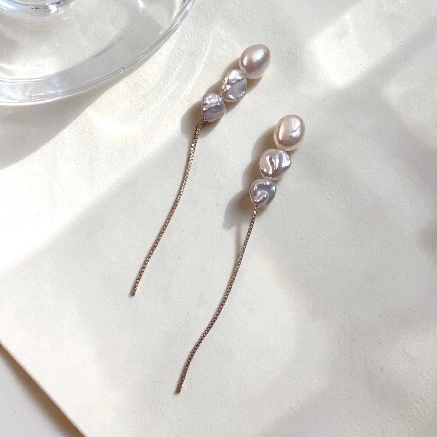 Three Baroque Pearl Chain Earrings