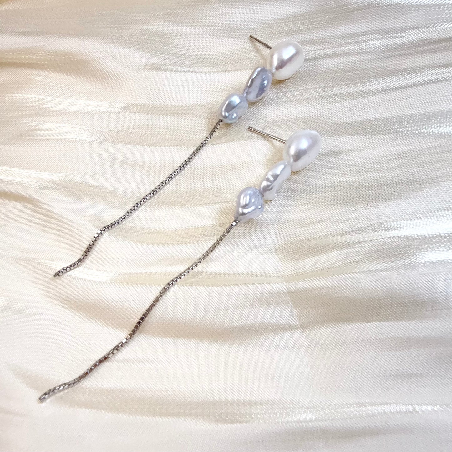 Three Baroque Pearl Chain Earrings