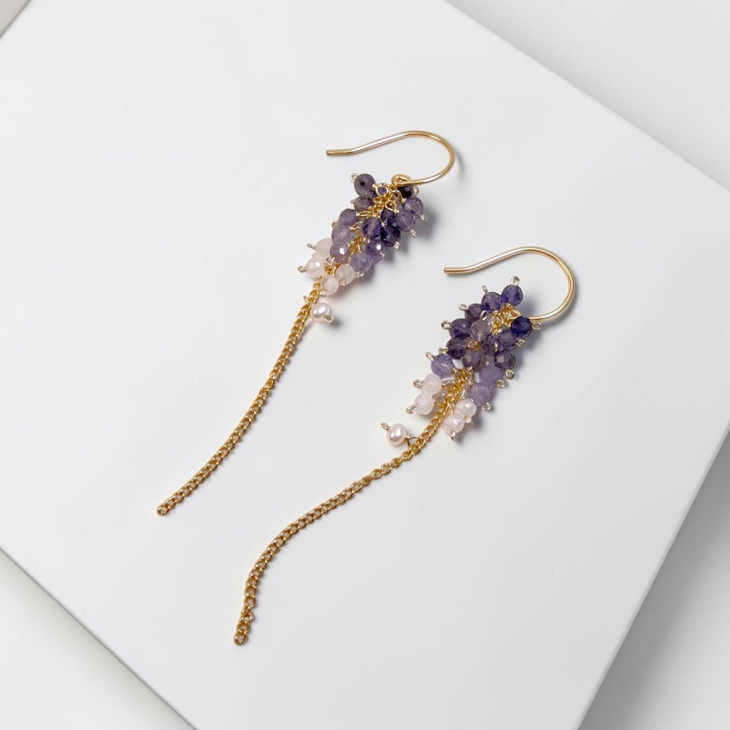 Iolite Cluster Long Chain Earrings