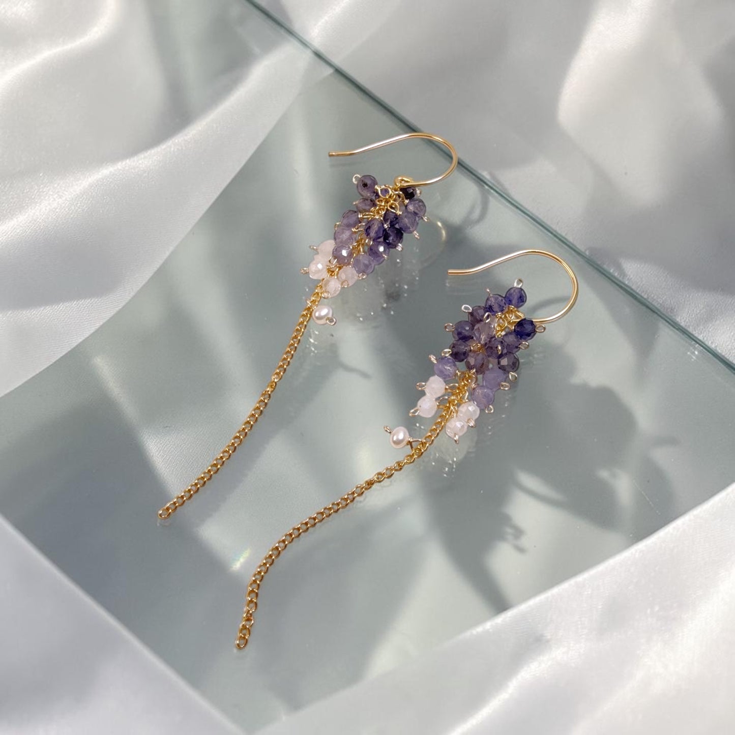 Iolite Cluster Long Chain Earrings