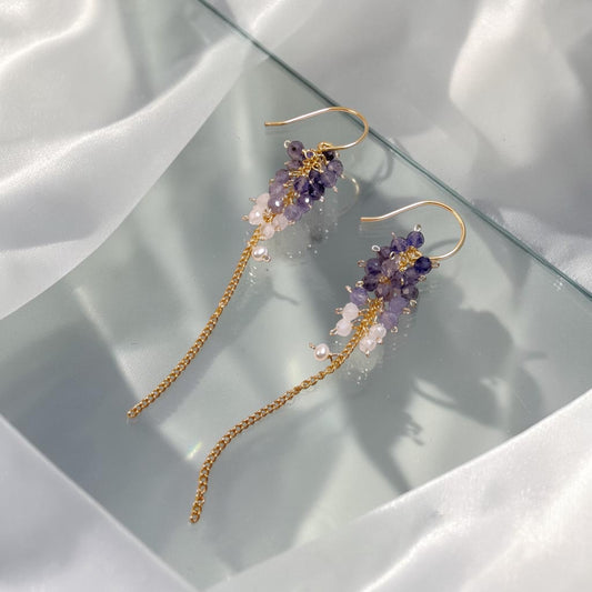 Iolite Cluster Long Chain Earrings