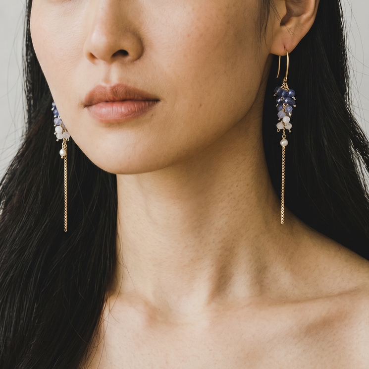 Iolite Cluster Long Chain Earrings
