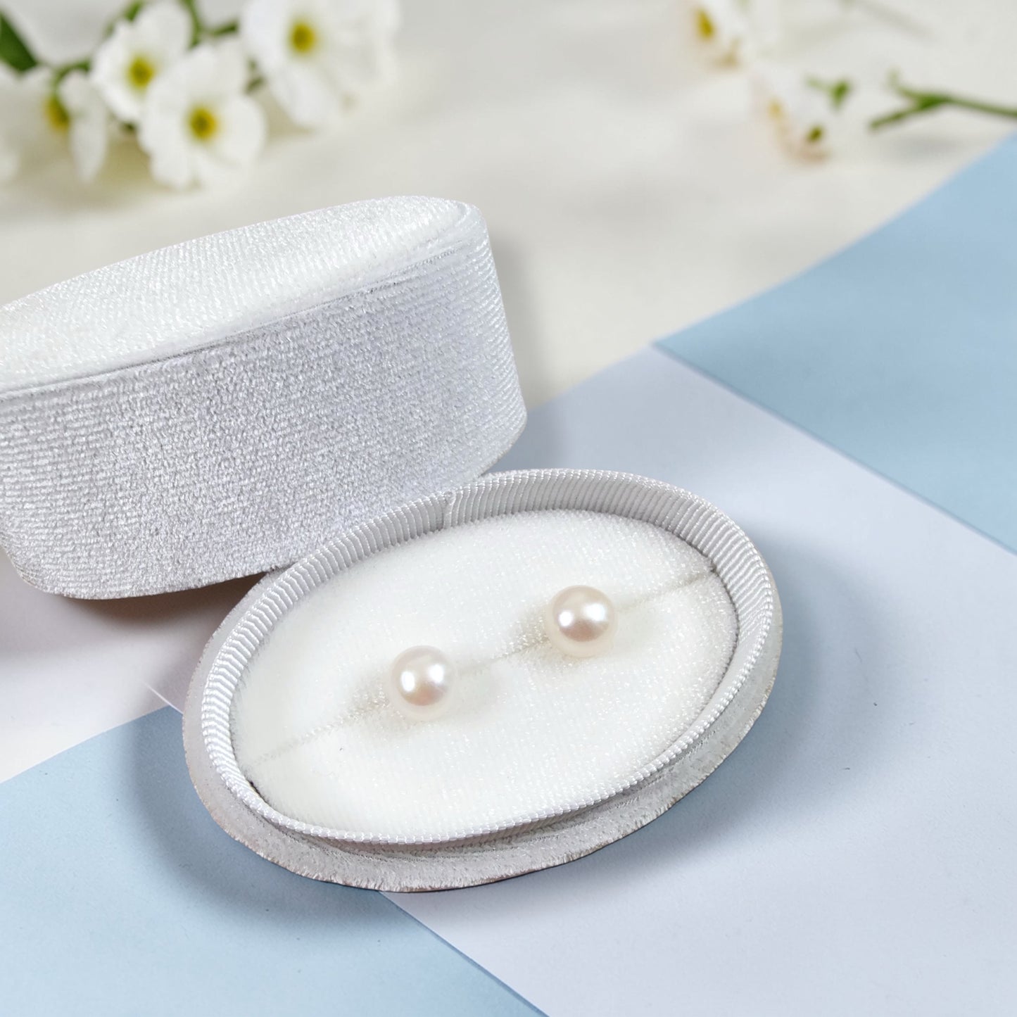 White Button Pearl Stud Earrings