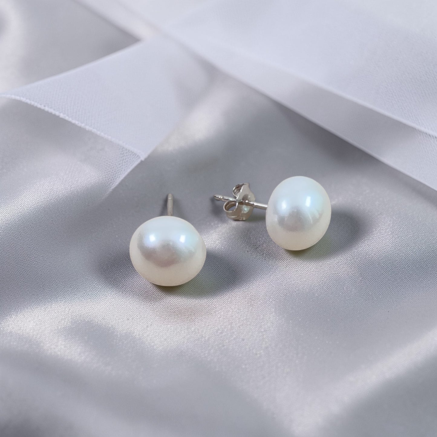 White Button Pearl Stud Earrings
