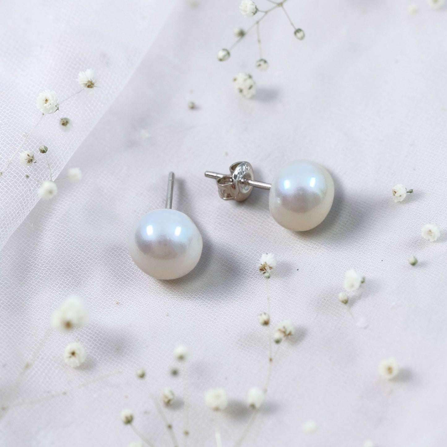 White Button Pearl Stud Earrings