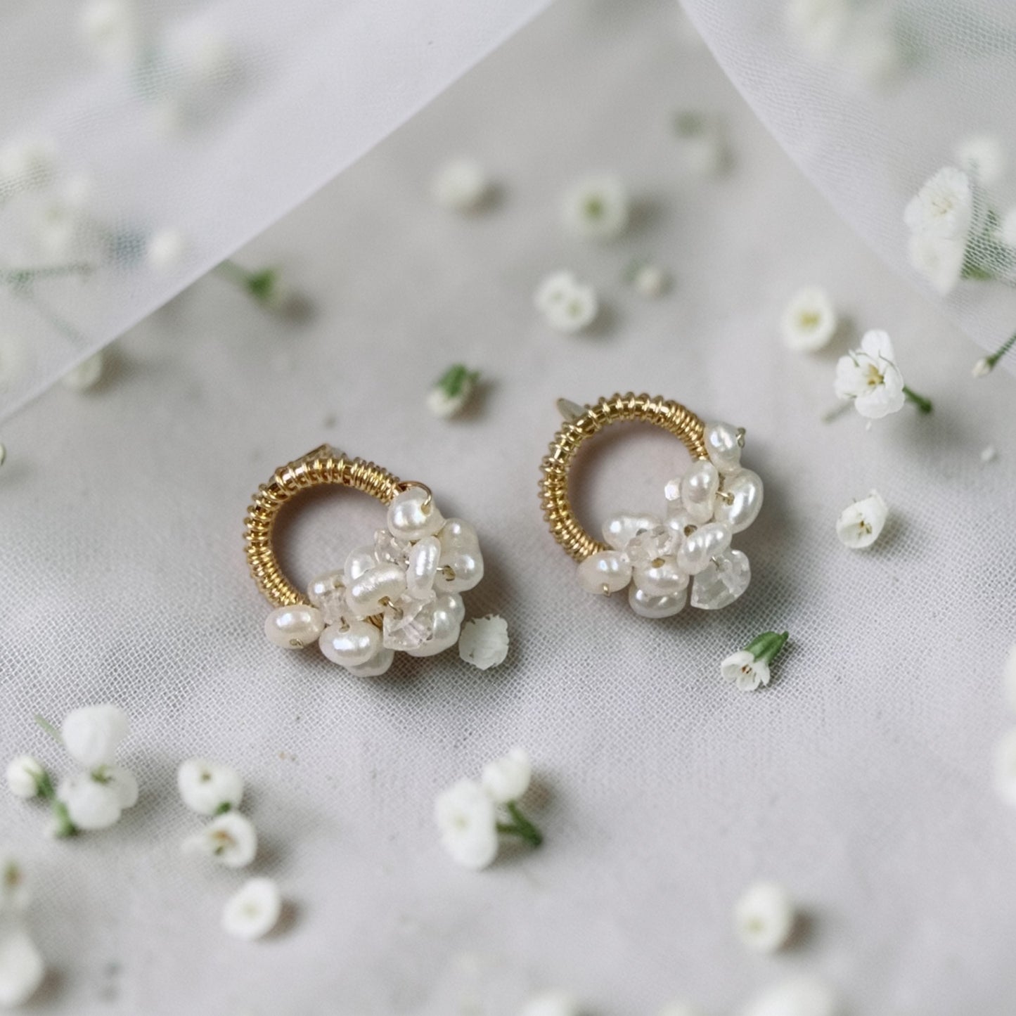 White Pearl on Loop Stud Earrings
