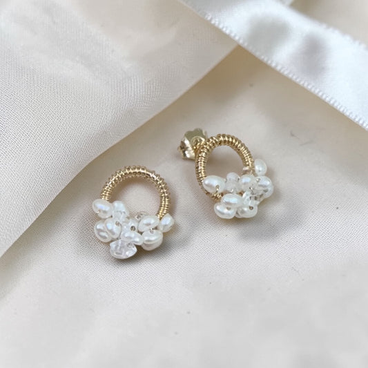 White Pearl on Loop Stud Earrings