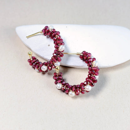 Garnet and Pearl Hoop Earrings