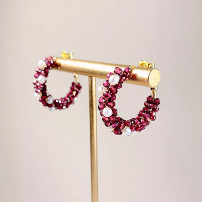 Garnet and Pearl Hoop Earrings