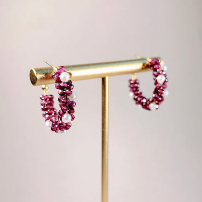 Garnet and Pearl Hoop Earrings