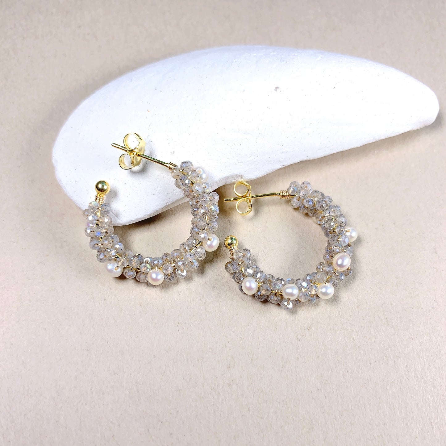 Labradorite and Pearl Hoop Earrings