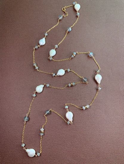 Labradorite and Pearl Long Necklace 36"