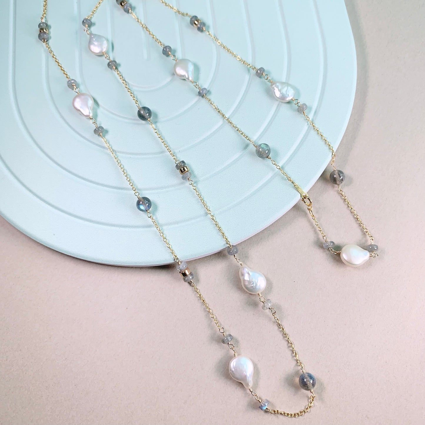 Labradorite and Pearl Long Necklace 36"