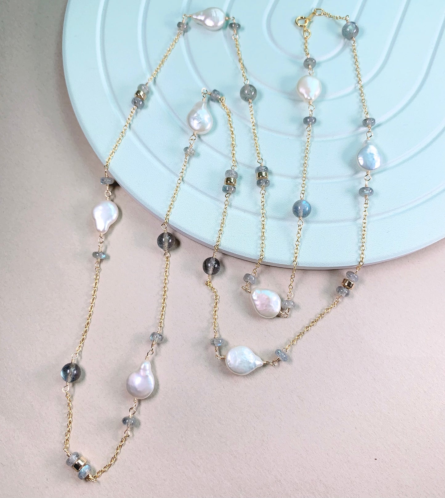 Labradorite and Pearl Long Necklace 36"