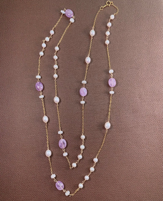 Amethyst and Pearl Long Necklace 36"