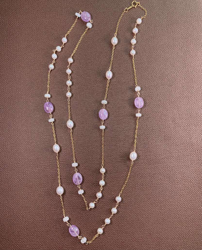 Amethyst and Pearl Long Necklace 36"