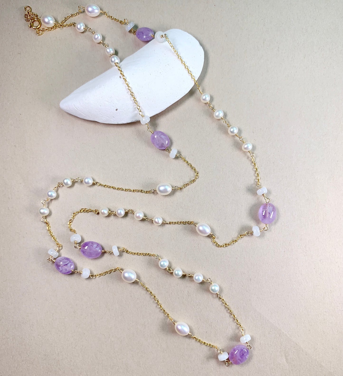 Amethyst and Pearl Long Necklace 36"