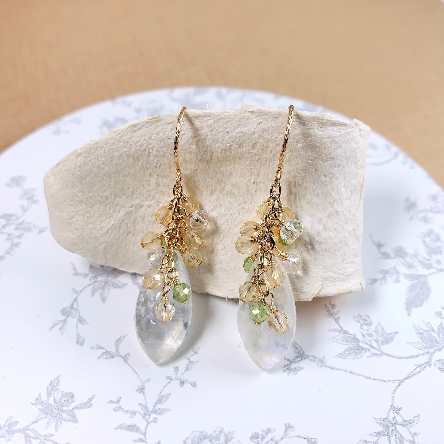 Moonstone with dainty citrine Cluster Earrings
