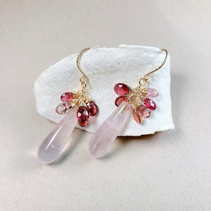 Rose Quartz with Tourmaline Dangle Earrings