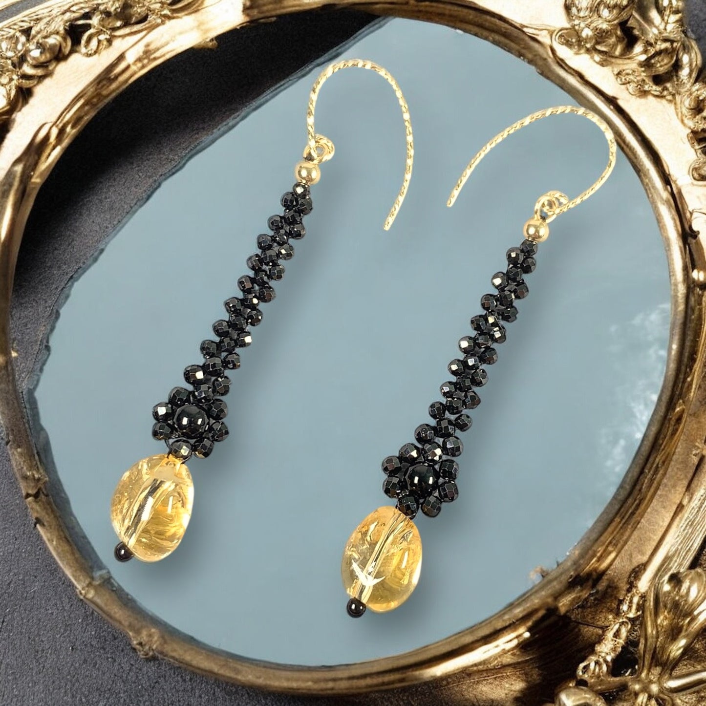 Onyx and Citrine Dangle Long Earrings