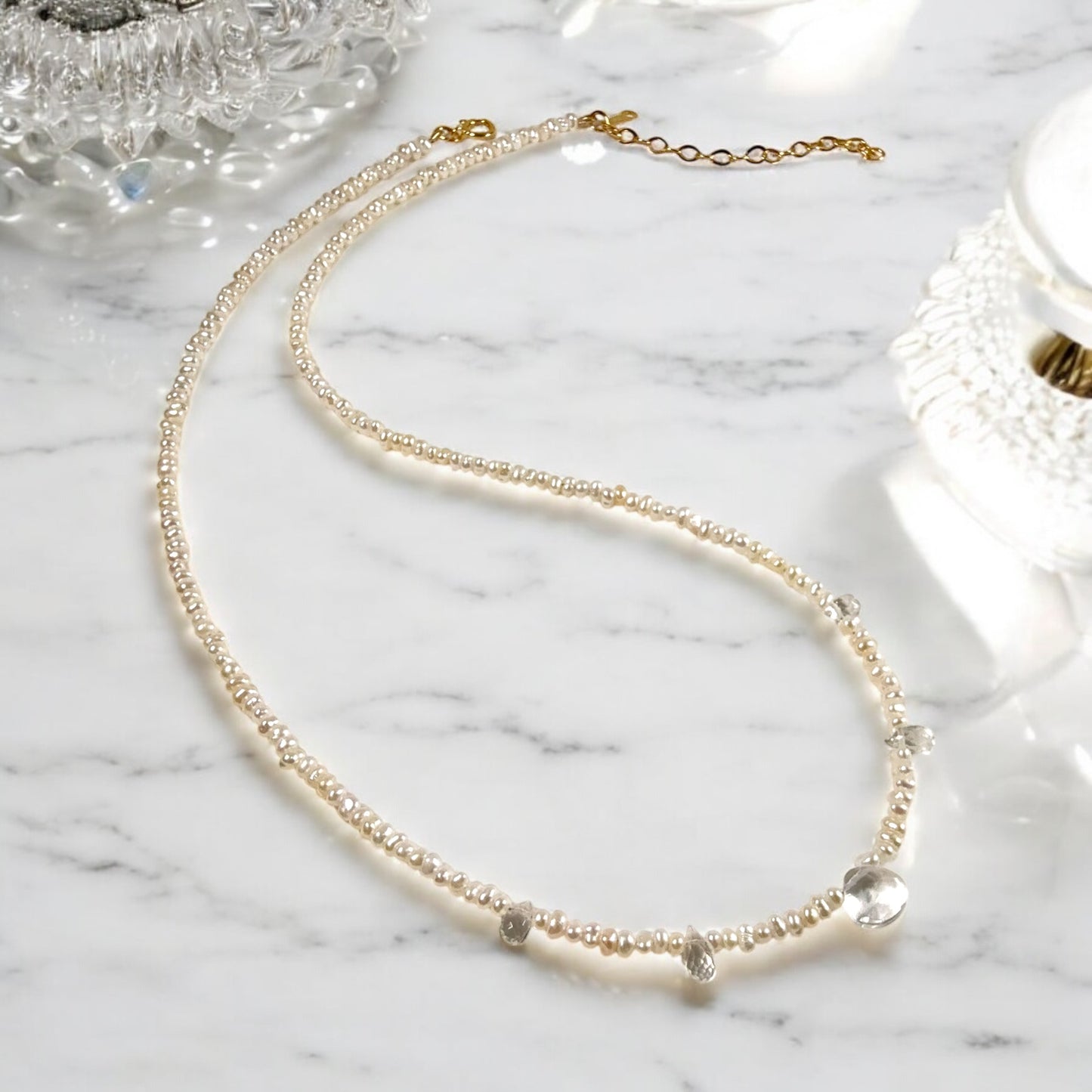 Mini Button Pearl and Crystal Necklace