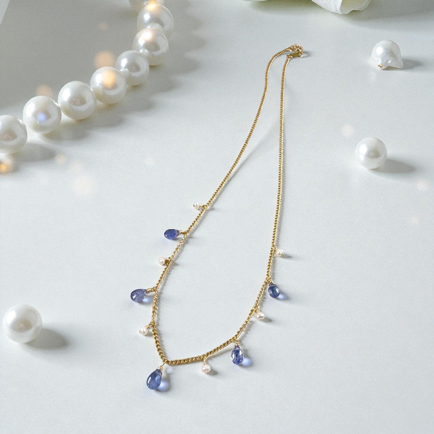 Tanzanite and Pearl Dangle Necklace