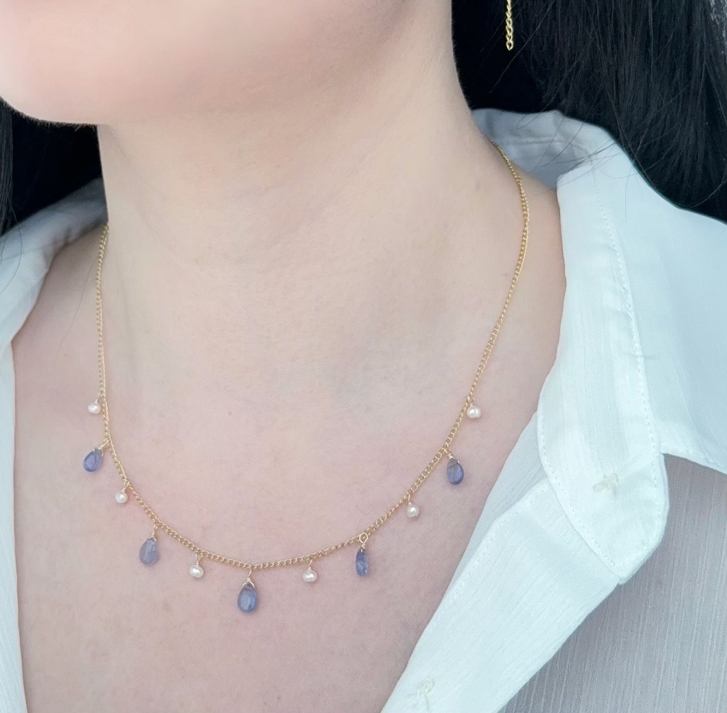 Tanzanite and Pearl Dangle Necklace