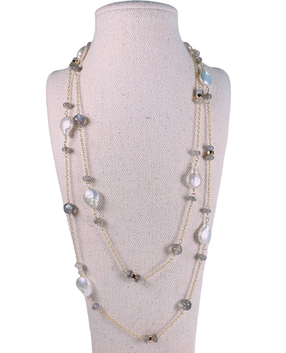 Labradorite and Pearl Long Necklace 36"