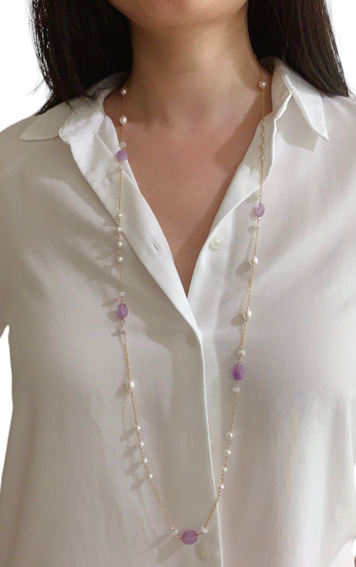 Amethyst and Pearl Long Necklace 36"