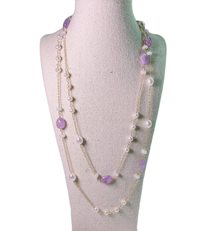 Amethyst and Pearl Long Necklace 36"