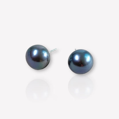 10.5-11mm Black Button Pearl Stud Earrings