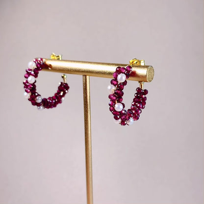 Garnet and Pearl Hoop Earrings